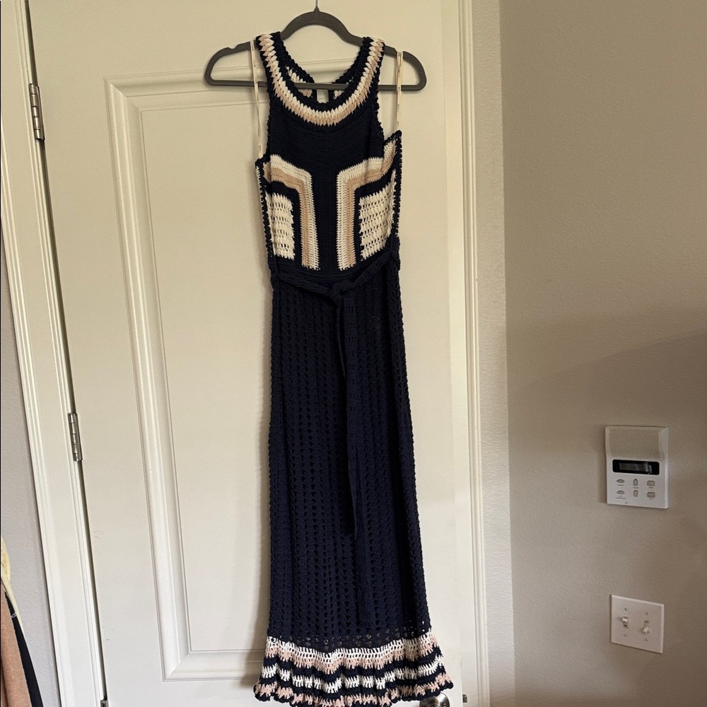 Cleobella Navy Maxi Crochet Dress with Cream Accents